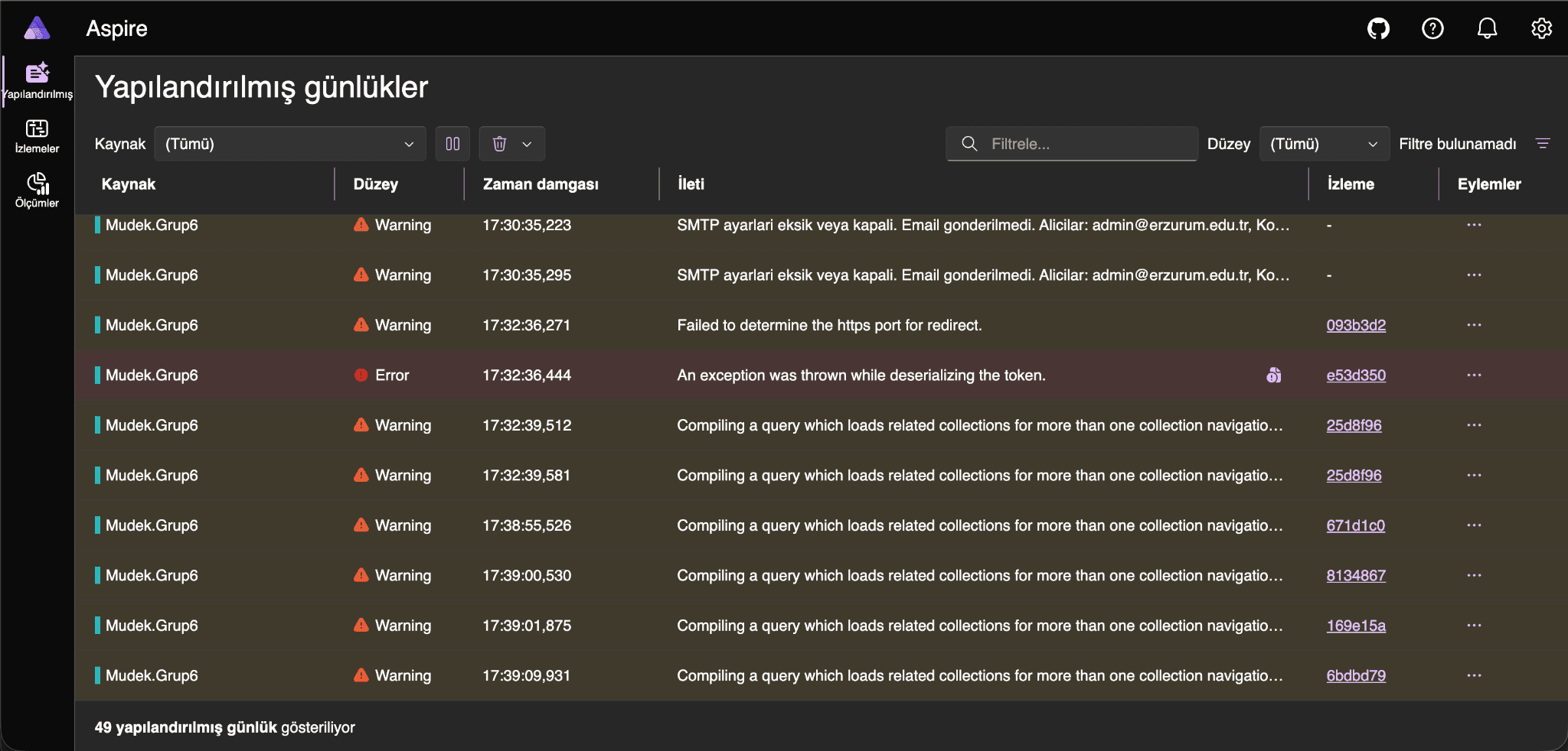Aspire — yapılandırılmış canlı log takibi (structured logs)