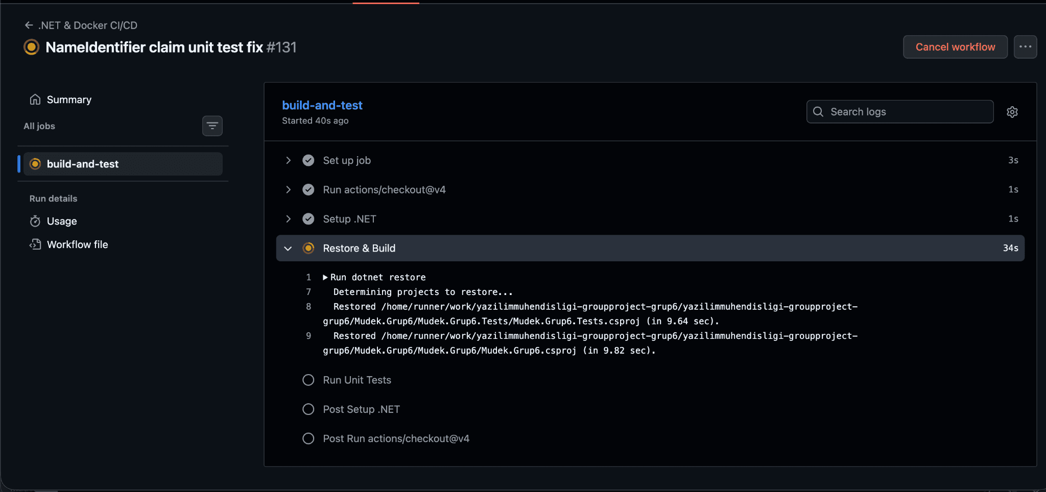 GitHub Actions — .NET 10 restore & build adımı (build-and-test job)