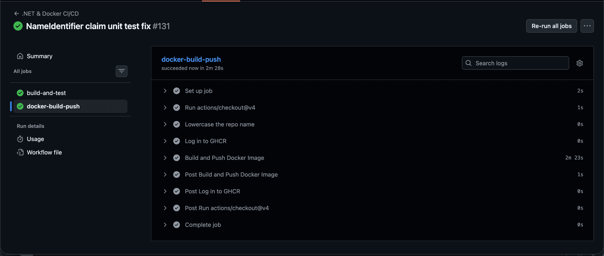 docker-build-push job — imaj build edilip GHCR'a push'lanıyor